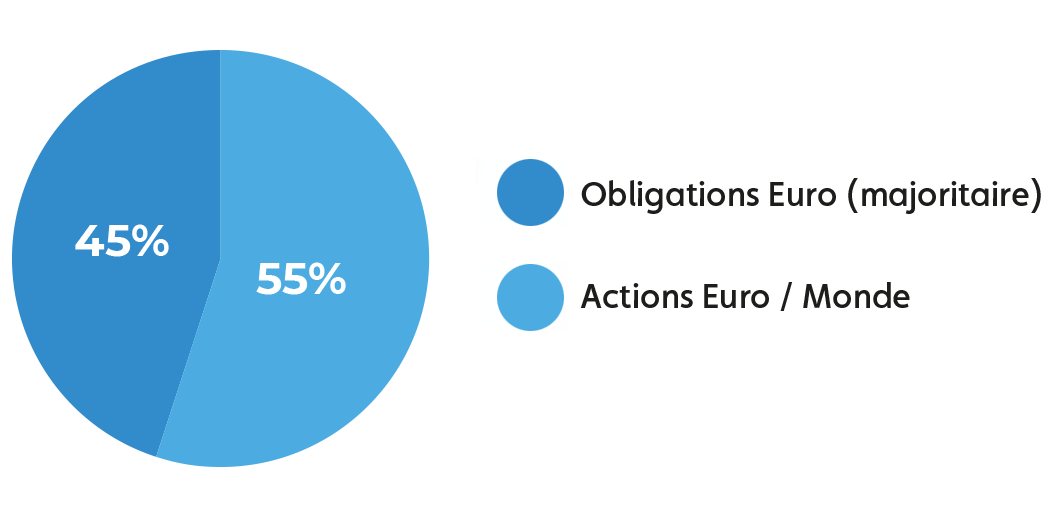 45 % obligations Euro (majoritaire) et 55% actions Euro / Monde